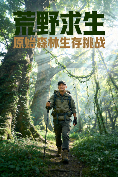 《荒野求生》纪录片海报 - 探险家在广袤原始森林中徒步
